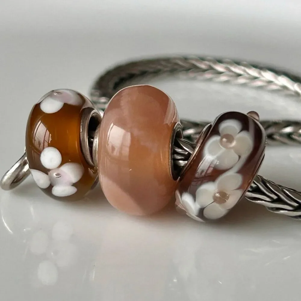 Lot of 3 Artisan Beads - Peach Moonstone & 2 Brown Ivory Glass Textured Flowers